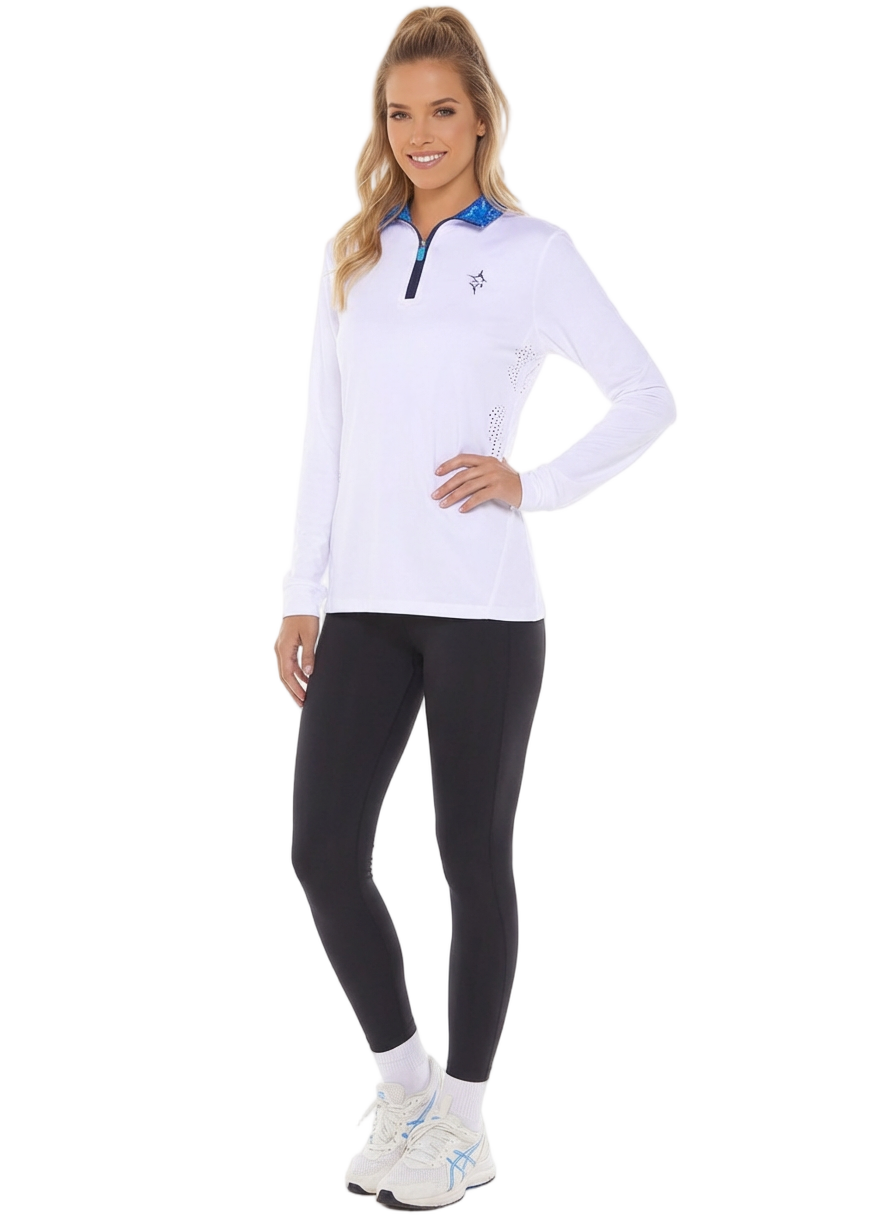Camiseta deportiva Monterey con cierre 1/4 – Blanca para mujer - Moda Élite
